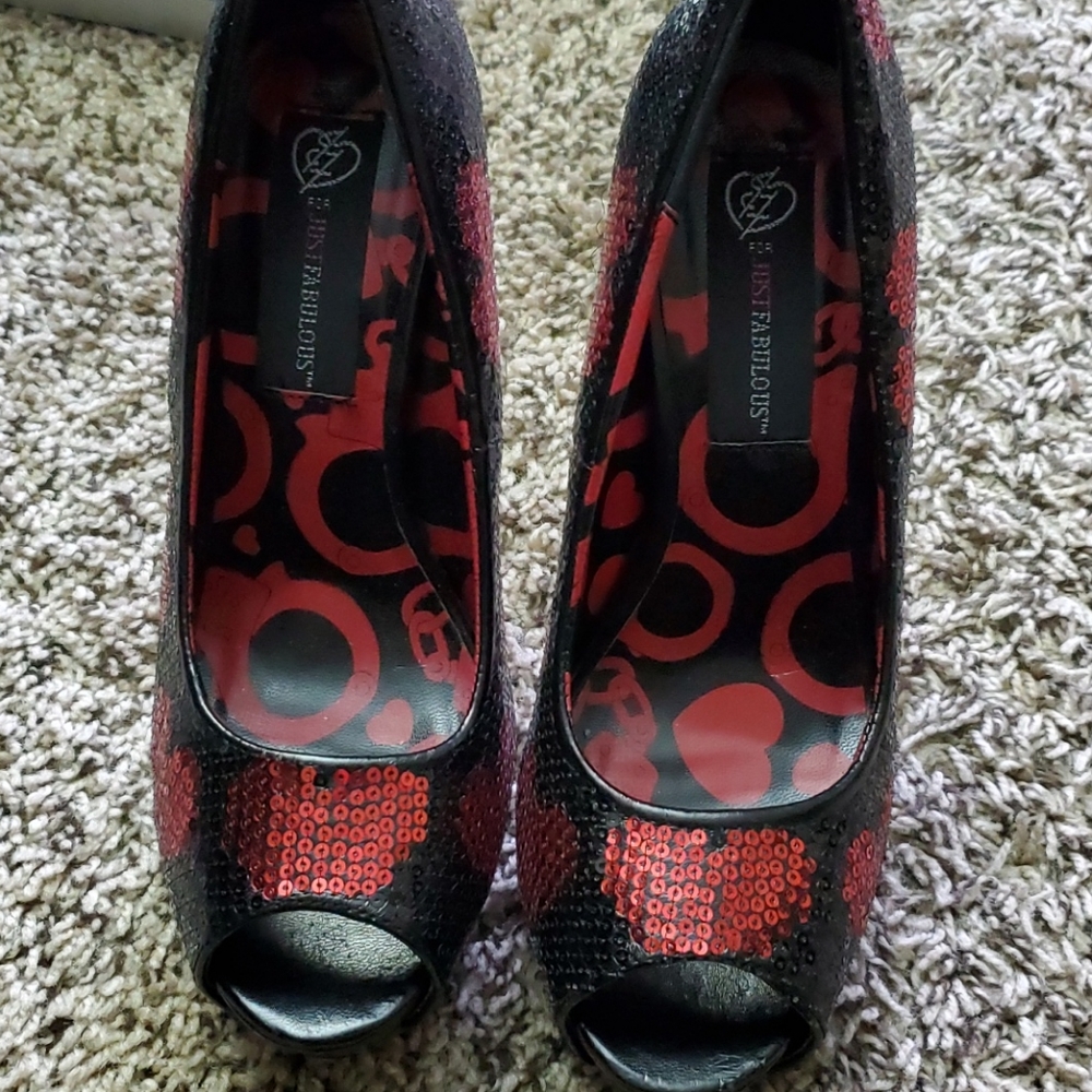Iron fist red and black sequin heart heels